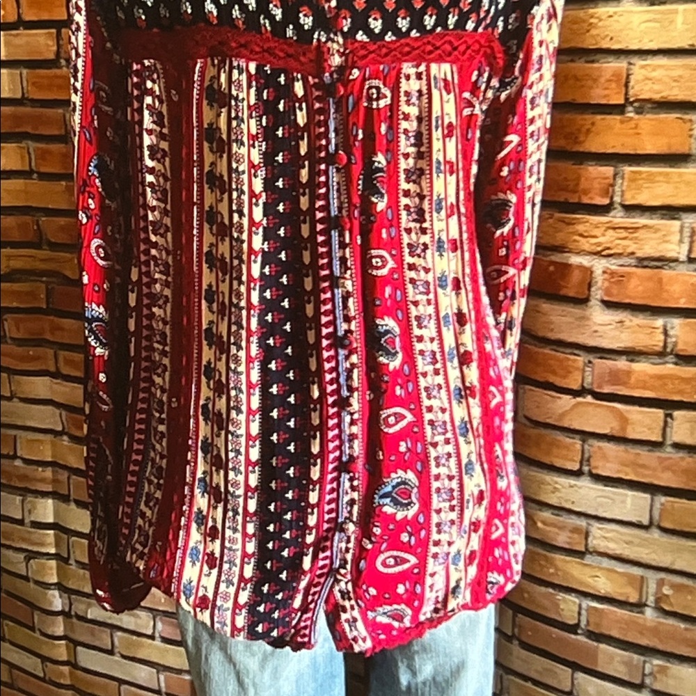👚 Maeve Anthropologie "Gretchen" Boho Red & Blue Floral Peasant Top Size 10 / A - Picture 4 of 15